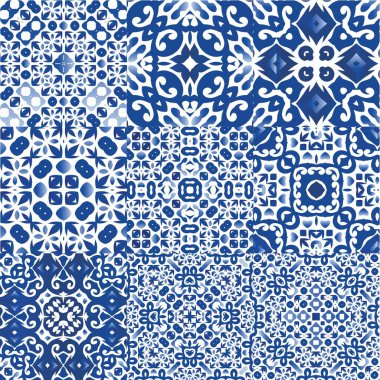 Geleneksel Portekizli azulejolar. Bir dizi vektörsüz şablon. Yaratıcı tasarım. Ağ arkaplanı, baskı, yastıklar, yüzey dokusu, duvar kağıdı, havlular için mavi soyut arkaplan.