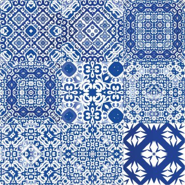 Portekiz azulejo 'sunda etnik seramik fayanslar. Şık tasarım. Vektörsüz desenlerin toplanması. Yüzey dokusu, havlu, yastık, duvar kağıdı, baskı, web arkaplanı için mavi klasik süsler.