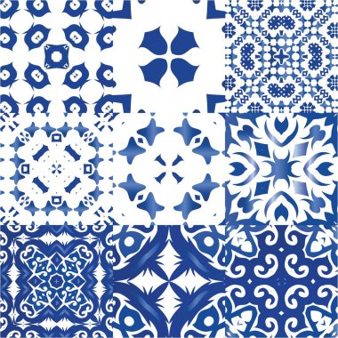 Süslü Azulejo Portekiz fayansları. Vektör aralıksız desenler. Orijinal tasarım Çarşaflar, akıllı telefon kılıfları, hatıra defterleri, çantalar ya da tişörtler için mavi muhteşem halk resimleri..