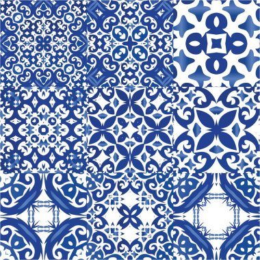 Portekiz yapımı Azulejo fayansları. Bir dizi vektörsüz şablon. Renkli tasarım. Yastıklar, baskılar, duvar kağıtları, ağ arkaplanı, havlular, yüzey dokusu için mavi antika arkaplan.
