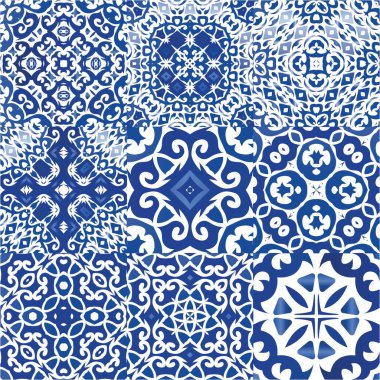 Portekiz azulejo 'sunda etnik seramik fayanslar. Vektörsüz desenlerin toplanması. Geometrik tasarım. Yüzey dokusu, havlu, yastık, duvar kağıdı, baskı, web arkaplanı için mavi klasik süsler.