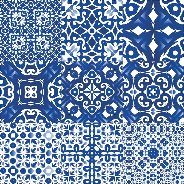 Geleneksel Portekizli azulejolar. Orijinal tasarım Vektörsüz desenlerin toplanması. Ağ arkaplanı, baskı, yastıklar, yüzey dokusu, duvar kağıdı, havlular için mavi soyut arkaplan.