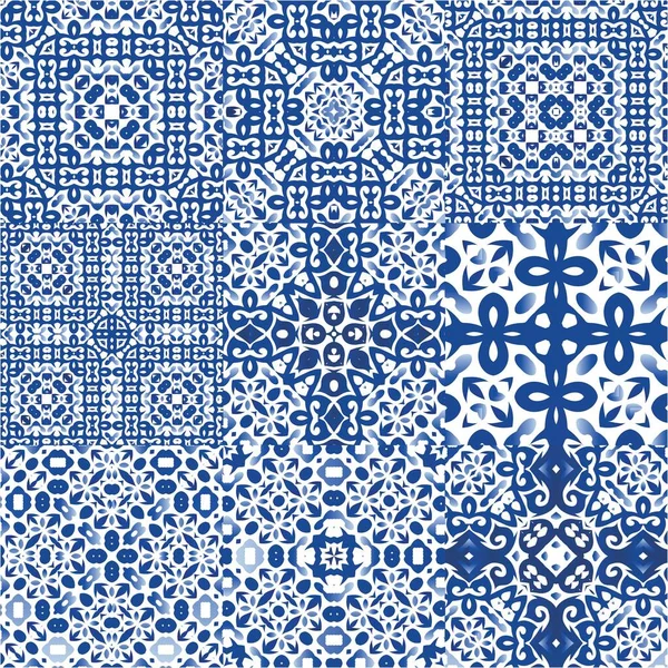 Geleneksel Portekizli azulejolar. Vektörsüz desenlerin toplanması. Grafik tasarımı. Ağ arkaplanı, baskı, yastıklar, yüzey dokusu, duvar kağıdı, havlular için mavi soyut arkaplan.