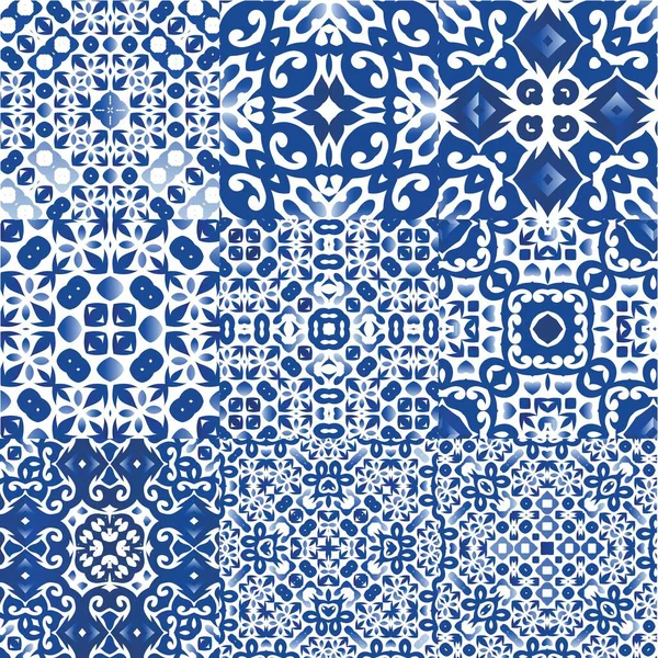 Geleneksel Portekizli azulejolar. Bir dizi vektörsüz şablon. Yaratıcı tasarım. Ağ arkaplanı, baskı, yastıklar, yüzey dokusu, duvar kağıdı, havlular için mavi soyut arkaplan.