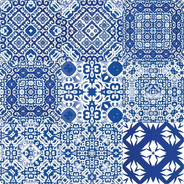 Portekiz azulejo 'sunda etnik seramik fayanslar. Şık tasarım. Vektörsüz desenlerin toplanması. Yüzey dokusu, havlu, yastık, duvar kağıdı, baskı, web arkaplanı için mavi klasik süsler.