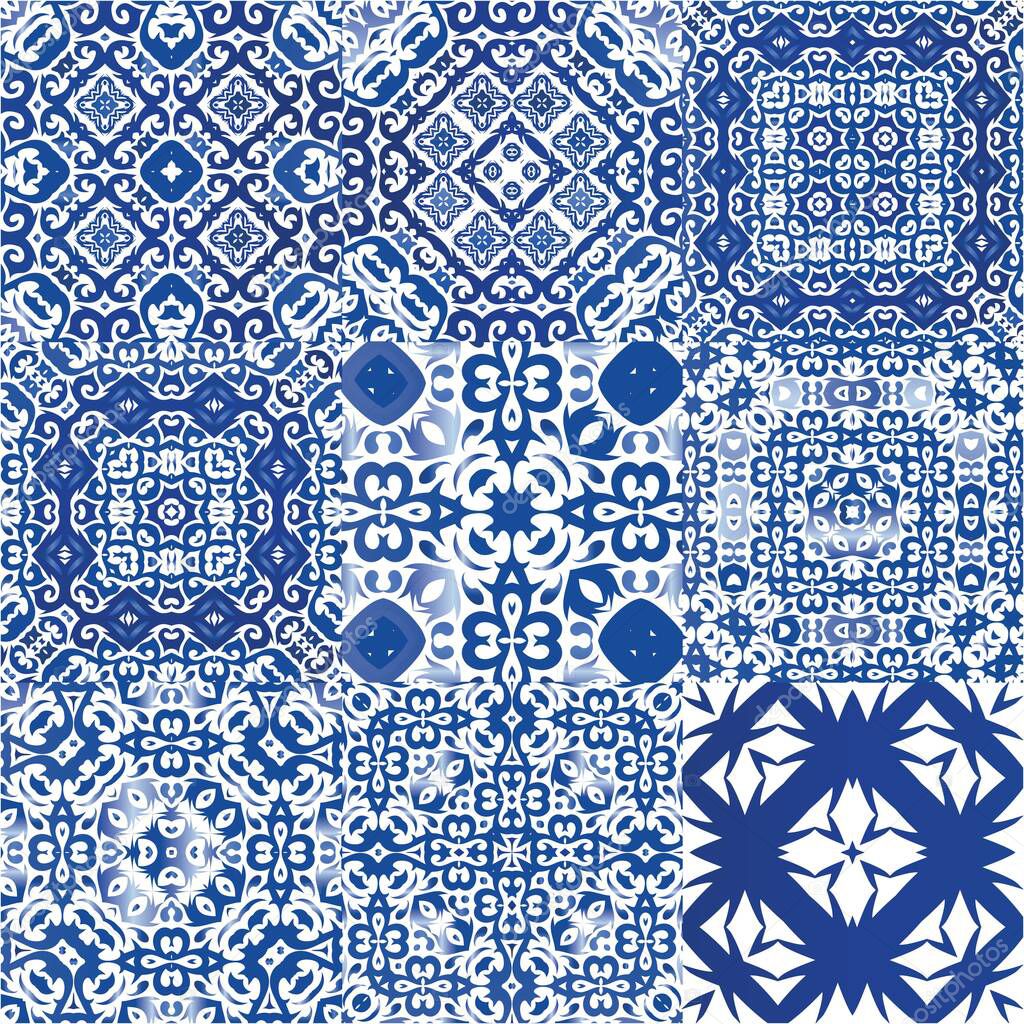 Ethnic ceramic tiles in portuguese azulejo. Stylish design. Collection of vector seamless patterns. Blue vintage ornaments for surface texture, towels, pillows, wallpaper, print, web background.