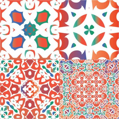 Antik Meksika Talavera seramiği. Vektörsüz desenlerin toplanması. Moda tasarımı. Albüm defteri, akıllı telefon kılıfları, tişörtler, çantalar ve çarşaflar için kırmızı ve soyut dekoru.