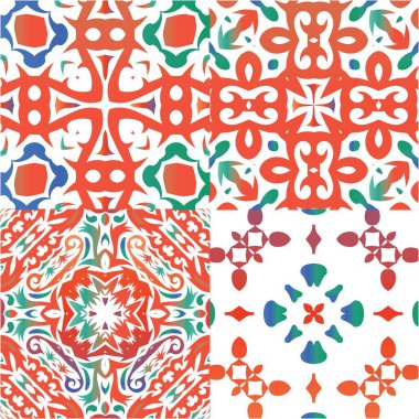 Geleneksel süslü Meksika Talavera 'sı. Bir dizi vektörsüz şablon. Grafik tasarımı. Ağ arkaplanı, baskı, yastıklar, yüzey dokusu, duvar kağıdı, havlular için kırmızı soyut arkaplan.