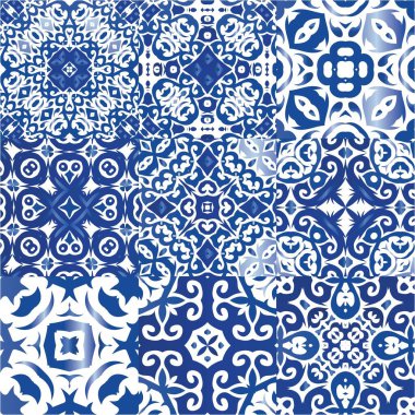 Antika azulejo döşeme yaması. Bir dizi vektörsüz şablon. Geometrik tasarım. Çantalar, akıllı telefon kılıfları, tişörtler, çarşaflar veya koleksiyon defterleri için mavi İspanya ve Portekiz dekoru.