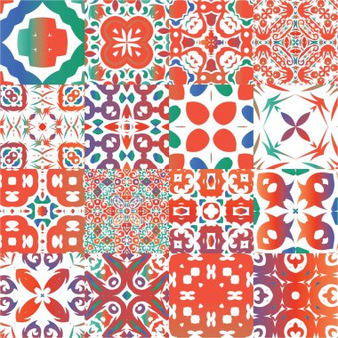 Meksika yapımı talavera fayansları. Bir dizi vektörsüz şablon. Modern tasarım. Yastıklar, baskılar, duvar kağıtları, ağ arkaplanı, havlular, yüzey dokusu için kırmızı antika arkaplanlar.