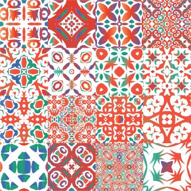 Antik süslü fayanslar Talavera Mexico. Yaratıcı tasarım. Vektörsüz desenlerin toplanması. Tişört, hatıra defteri, çarşaf, akıllı telefon çantaları veya çantalar için kırmızı etnik altyapı.