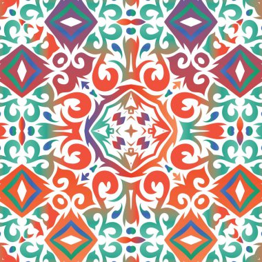 Meksika yapımı talavera fayansları. Vektörsüz suluboya desenli. Renkli tasarım. Yastıklar, baskılar, duvar kağıtları, ağ arkaplanı, havlular, yüzey dokusu için kırmızı antika arkaplan.