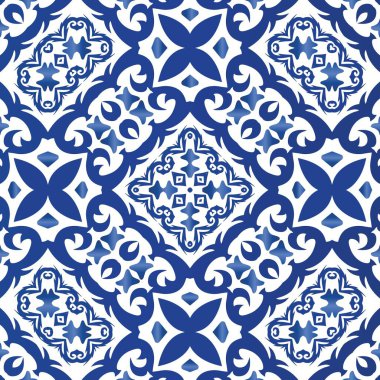 Portekizce süslemeli azulejo seramik. Vektörsüz desenli el ilanı. El yapımı tasarım. Duvar kağıdı, web arkaplanı, havlular, baskı, yüzey dokusu, yastıklar için mavi vintage arkaplan.