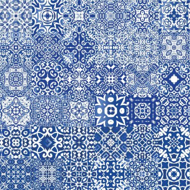 Seramik fayanslar azulejo portugal. Evrensel tasarım. Bir dizi vektörsüz şablon. Tişört, hatıra defteri, çarşaf, akıllı telefon çantaları veya çantalar için mavi etnik altyapı.