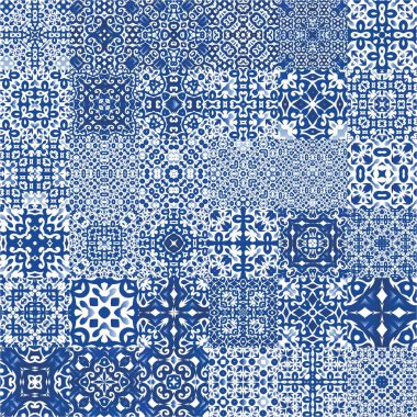 Portekizce süslemeli azulejo seramik. Vektör aralıksız desenler. Banyo tasarımı. Duvar kağıdı, web arkaplanı, havlular, baskı, yüzey dokusu, yastıklar için mavi vintage arkaplan.