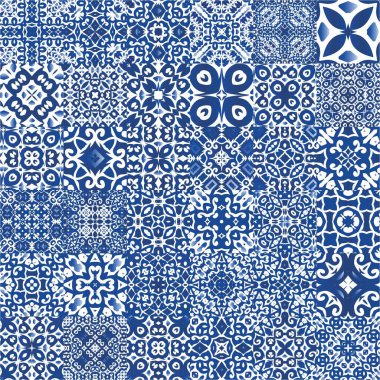 Antika azulejo döşeme yaması. Moda tasarımı. Bir dizi vektörsüz şablon. Çantalar, akıllı telefon kılıfları, tişörtler, çarşaflar veya koleksiyon defterleri için mavi İspanya ve Portekiz dekoru.