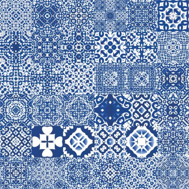Antika azulejo döşeme yaması. Bir dizi vektörsüz şablon. Mutfak tasarımı. Çantalar, akıllı telefon kılıfları, tişörtler, çarşaflar veya koleksiyon defterleri için mavi İspanya ve Portekiz dekoru.