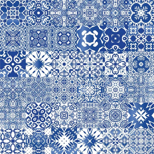 Ethnic Ceramic Tiles Portuguese Azulejo Set Vector Seamless Patterns Colored — Stock Vector