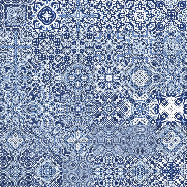 Antique Azulejo Tiles Patchworks Stylish Design Kit Vector Seamless Patterns — Stock Vector