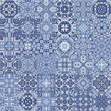 Antika azulejo döşeme yaması. Modern tasarım. Vektör aralıksız desenler. Çantalar, akıllı telefon kılıfları, tişörtler, çarşaflar veya koleksiyon defterleri için mavi İspanya ve Portekiz dekoru.