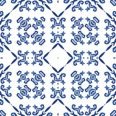 Antika Portekiz azulejo seramiği. Vektör pürüzsüz desen teması. Moda tasarımı. Koleksiyon defteri, akıllı telefon kılıfları, tişörtler, çantalar ve çarşaflar için mavi ve soyut bir dekor.
