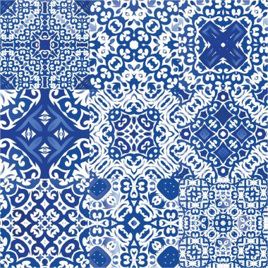 Seramik fayanslar azulejo portugal. Modern tasarım. Vektör aralıksız desenler. Tişört, hatıra defteri, çarşaf, akıllı telefon çantaları veya çantalar için mavi etnik altyapı.