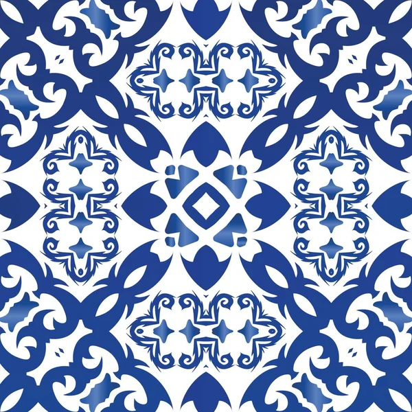 Cerâmica Antiga Portuguesa Azulejo Padrão Sem Costura Vetorial Aquarela Projeto — Vetor de Stock
