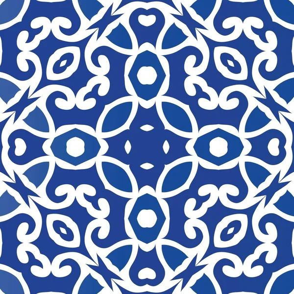 Süslü Azulejo Portekiz fayansları. Moda tasarımı. Vektörsüz desenli poster. Çarşaflar, akıllı telefon kılıfları, hatıra defterleri, çantalar ya da tişörtler için mavi muhteşem çiçek desenleri..