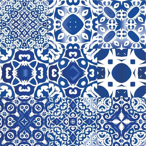 Portuguese Vintage Azulejo Tiles Universal Design Kit Vector Seamless Patterns — Stock Vector