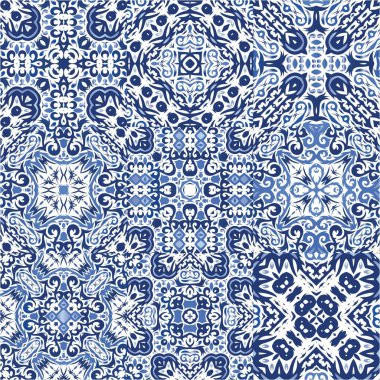 Dekoratif renk seramik azulejo fayansları. Bir dizi vektörsüz şablon. Mutfak tasarımı. Baskı, web arkaplanı, yüzey dokusu, havlu, yastık, duvar kağıdı için mavi folklor süslemeleri.