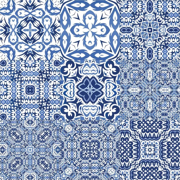 Antique Portuguese Azulejo Ceramic Set Vector Seamless Patterns Original Design — Stock Vector