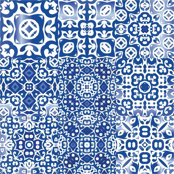 葡萄牙阿祖莱州的少数民族瓷砖 矢量无缝模式的集合 通用设计 表面质地 印刷品 网底用蓝色老式装饰品 — 图库矢量图片