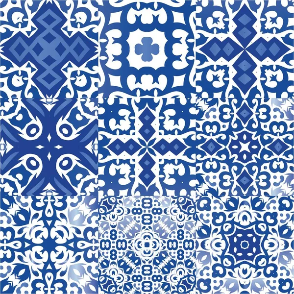 Antique Portuguese Azulejo Ceramic Minimal Design Collection Vector Seamless Patterns — Stock Vector