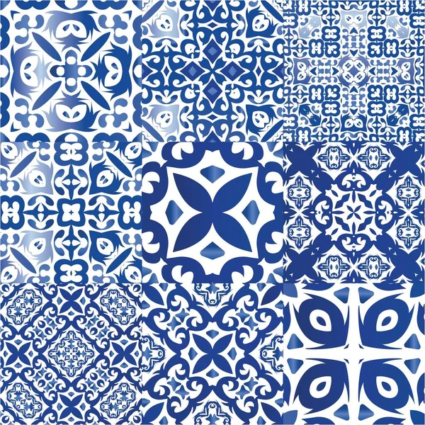 Traditionella Utsmyckade Portugisiska Azulejos Sats Vektorsömlösa Mönster Färgad Design Blå — Stock vektor