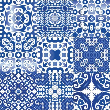 Antika Portekiz azulejo seramiği. Moda tasarımı. Vektör aralıksız desenler. Koleksiyon defteri, akıllı telefon kılıfları, tişörtler, çantalar ve çarşaflar için mavi ve soyut bir dekor.
