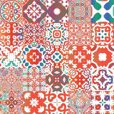 Antika talavera döşeme yama fabrikası. Vektörsüz desenlerin toplanması. Modern tasarım. Çantalar, akıllı telefon kılıfları, tişörtler, çarşaflar ve koleksiyon defterleri için kırmızı Meksika süslemeleri..