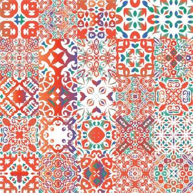 Antika talavera döşeme yama fabrikası. Vektör aralıksız desenler. Modern tasarım. Çantalar, akıllı telefon kılıfları, tişörtler, çarşaflar ve koleksiyon defterleri için kırmızı Meksika süslemeleri..