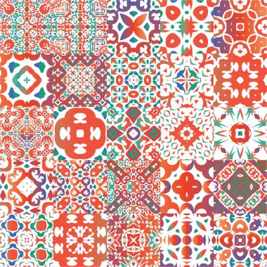 Dekoratif renk talavera fayansları. Vektörsüz desenlerin toplanması. El yapımı tasarım. Baskı, web arkaplanı, yüzey dokusu, havlu, yastık, duvar kağıdı için kırmızı halk etnik süslemeleri.