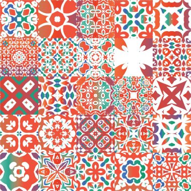 Meksika yapımı talavera fayansları. Şık tasarım. Vektör aralıksız desenler. Yastıklar, baskılar, duvar kağıtları, ağ arkaplanı, havlular, yüzey dokusu için kırmızı antika arkaplanlar.