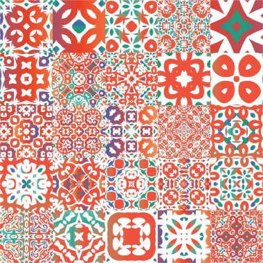 Meksika Talavera 'daki etnik seramik fayanslar. Bir dizi vektörsüz şablon. Renkli tasarım. Yüzey dokusu, havlu, yastık, duvar kağıdı, baskı, web arkaplanı için kırmızı vintage süslemeler.