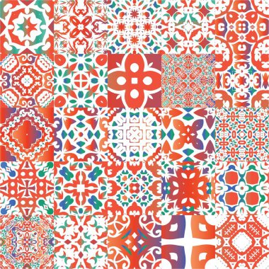 Meksika süslemeli talavera seramiği. Banyo tasarımı. Bir dizi vektörsüz şablon. Duvar kağıdı, web arkaplanı, havlular, baskı, yüzey dokusu, yastıklar için kırmızı vintage arkaplan.