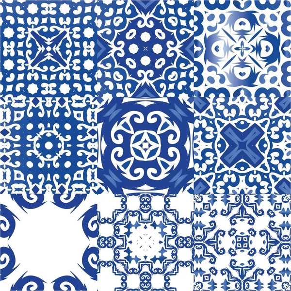 Azulejos Azulejo Portugal Conjunto Padrões Sem Emenda Vetorial Design Moderno — Vetor de Stock