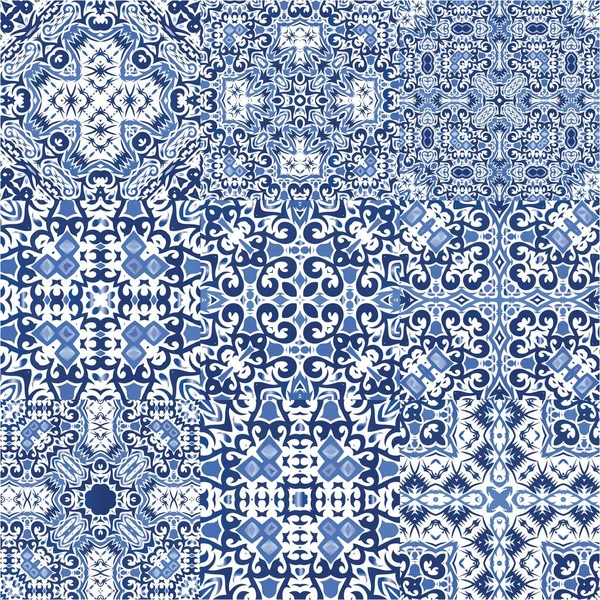 Portuguese Ornamental Azulejo Ceramic Set Vector Seamless Patterns Original Design — Stock Vector