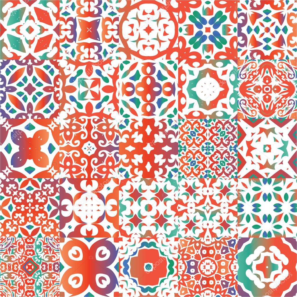 Antique ornate tiles talavera mexico. Stylish design. Collection of vector seamless patterns. Red ethnic backgrounds for T-shirts, scrapbooking, linens, smartphone cases or bags.