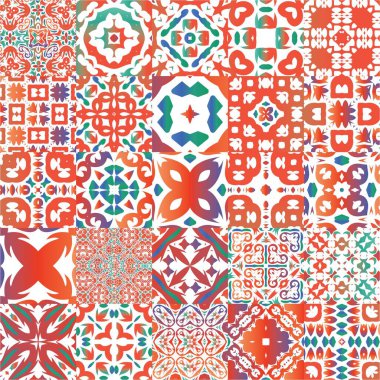 Geleneksel süslü Meksika Talavera 'sı. Vektörsüz desenlerin toplanması. Şık tasarım. Ağ arkaplanı, baskı, yastıklar, yüzey dokusu, duvar kağıdı, havlular için kırmızı soyut arkaplan.