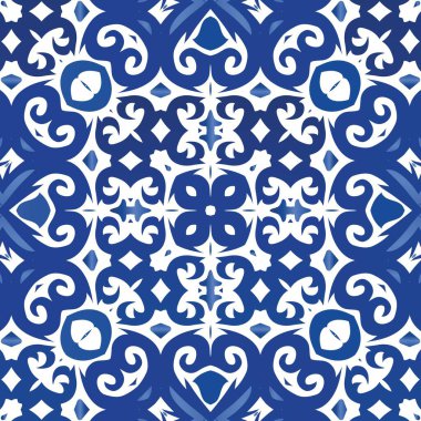 Antika azulejo döşeme yaması. Evrensel tasarım. Vektörsüz şablon. Çantalar, akıllı telefon kılıfları, tişörtler, çarşaflar veya koleksiyon defterleri için mavi İspanya ve Portekiz dekoru.