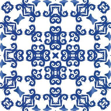 Dekoratif renk seramik azulejo fayansları. Banyo tasarımı. Vektör pürüzsüz desen teması. Mavi halk baskısı, web arkaplanı, yüzey dokusu, havlular, yastıklar, duvar kağıdı.