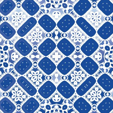 Dekoratif renk seramik azulejo fayansları. Kusursuz bir arabesk deseni. Moda tasarımı. Mavi halk baskısı, web arkaplanı, yüzey dokusu, havlular, yastıklar, duvar kağıdı.