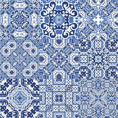 Antika azulejo döşeme yaması. Grafik tasarımı. Vektör aralıksız desenler. Çantalar, akıllı telefon kılıfları, tişörtler, çarşaflar veya koleksiyon defterleri için mavi İspanya ve Portekiz dekoru.