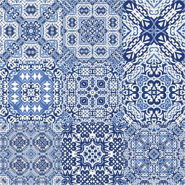 Seramik fayanslar azulejo portugal. Renkli tasarım. Vektör aralıksız desenler. Tişört, hatıra defteri, çarşaf, akıllı telefon çantaları veya çantalar için mavi etnik altyapı.